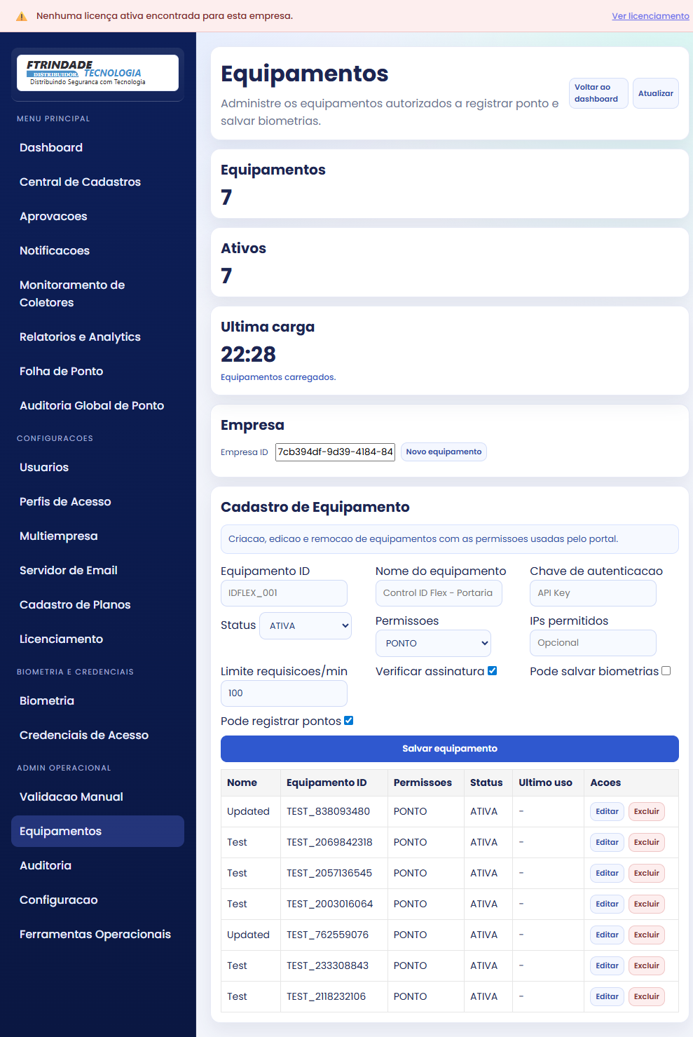 Tela administrativa de equipamentos