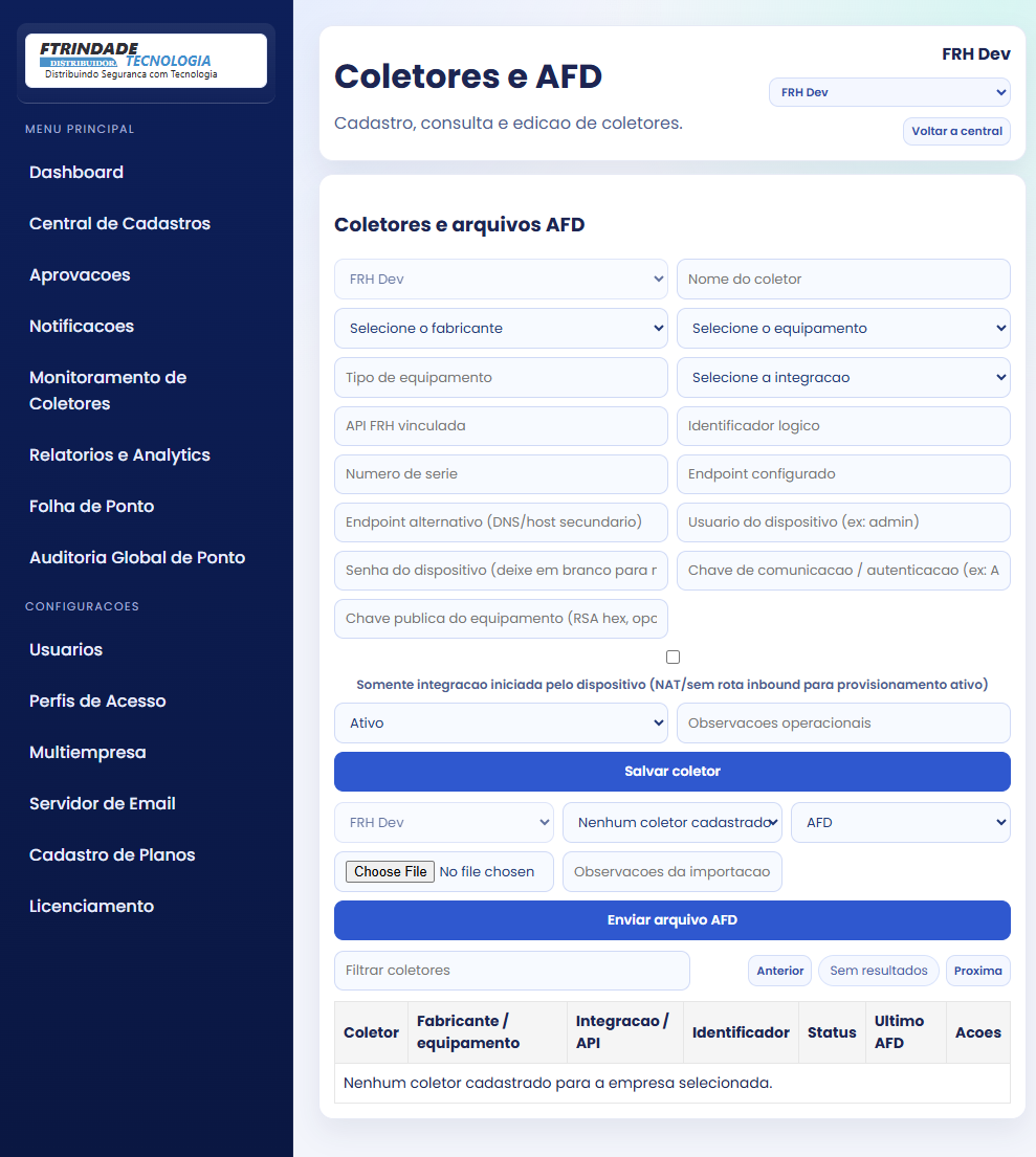 Tela de cadastros de coletores